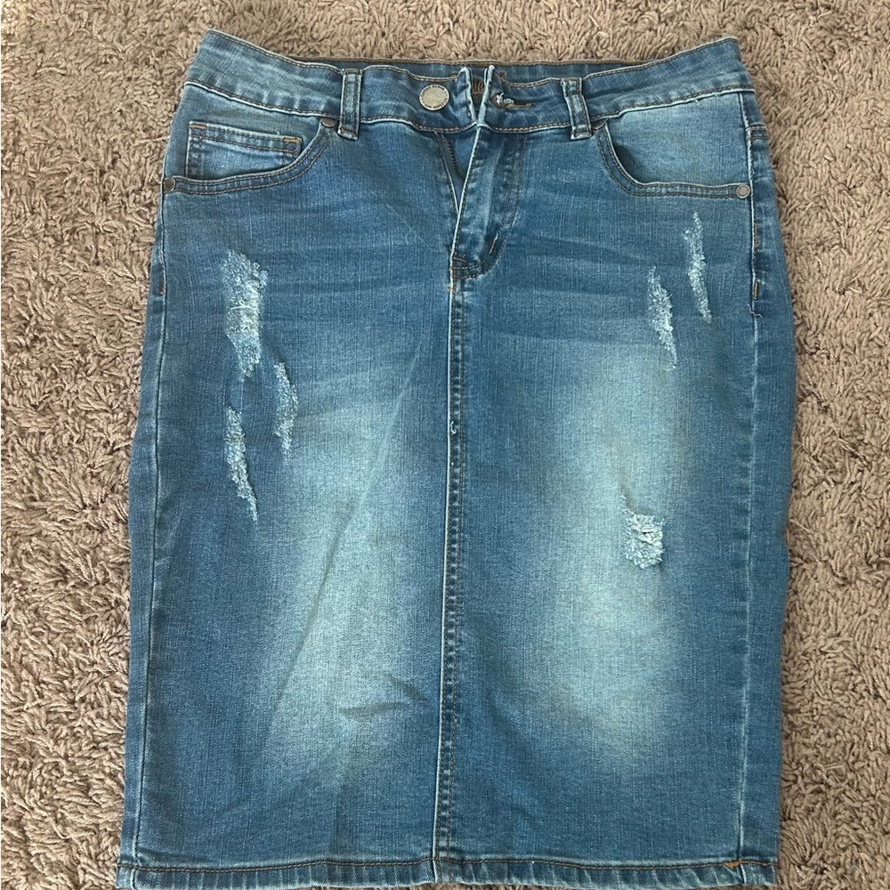 Classic Distressed Blue Denim Pencil Skirt